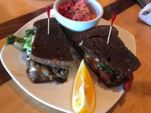 Portobello Mushroom Panini on pumpernickel bread and potato salad at End of the Line Cafe in Pensacola