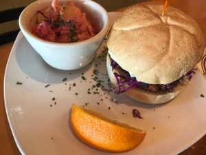 Jackfruit BBQ sandwich with potato salad at End of the Line Cafe in Pensacola