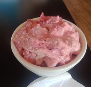 Pink potato salad  at End of the Line Cafe in Pensacola