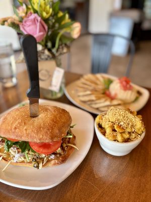 Muffaletta, sriracha mac and cheese, pita and hummuss  at End of the Line Cafe in Pensacola