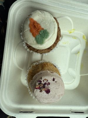 Carrot & Strawberry Rose Cupcakes (not pictured: Lemon Strawberry- the best!). All so good and big!   at End of the Line Cafe in Pensacola
