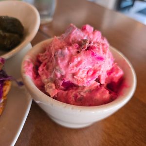 Pink potato salad at End of the Line Cafe in Pensacola