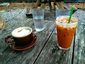 Latte and Thai tea w/ coconut milk at End of the Line Cafe in Pensacola
