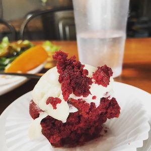 Red velvet cupcake  at End of the Line Cafe in Pensacola