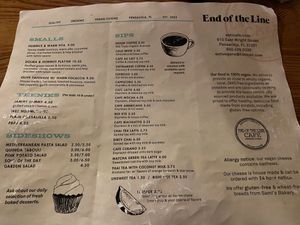 Menu backside  at End of the Line Cafe in Pensacola