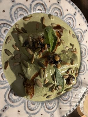 Close up of mushroom enchiladas and I was assured there was no dairy nor animals products.   at Tikua in Queretaro