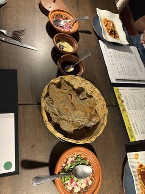 Natural blue corn chips and dips  at Tikua in Queretaro