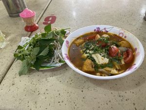 Soup and leaves   at Com Chay Dieu Giac in Ho Chi Minh City