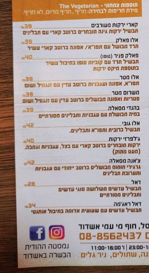 Vegan menu at Namaste in Ashdod