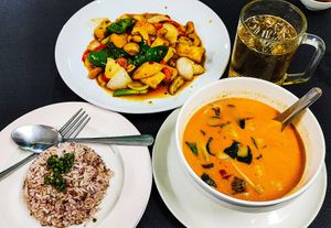 Red Curry, mixed veggies w/cashews and red rice. at Chada Vegetarian Restaurant in Chiang Mai