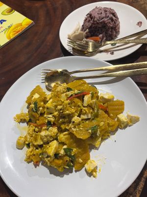 Pumpkin vegetables - this dish contains egg! Here is the remade dish with tofu instead. Has a curry flavour. at Chada Vegetarian Restaurant in Chiang Mai