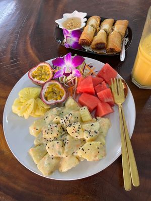 Potato salad came with fresh fruit! Very pretty breakfast. at Chada Vegetarian Restaurant in Chiang Mai