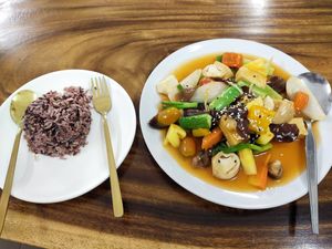 Sweet and sower + rice at Chada Vegetarian Restaurant in Chiang Mai