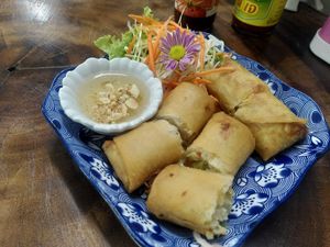 Fried rolls with peanut sauce at Chada Vegetarian Restaurant in Chiang Mai