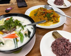 Tom Yum and the pumpkin dishh  at Chada Vegetarian Restaurant in Chiang Mai