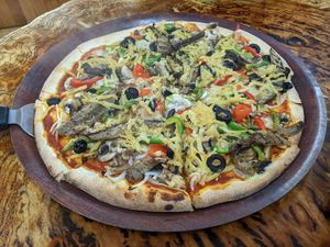 Vegan pizza at Geeveston One Stop Food & Beverage in Geeveston