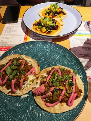 Jackfruit tacos (front) & hibiscus tacos (back)  at Boca Boca Vegan Guilty Pleasure in Warsaw