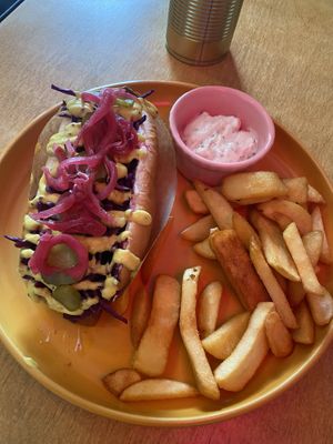 No dog with chips and garlic sauce  at Boca Boca Vegan Guilty Pleasure in Warsaw