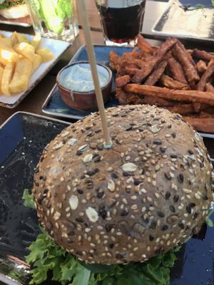 Burger with sweet potatoe and normal fries   at Peter Pane - Neue Promenade in Berlin