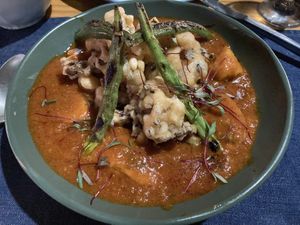 Moqueca with mushroom tempura and okra  at Inari in Rio De Janeiro