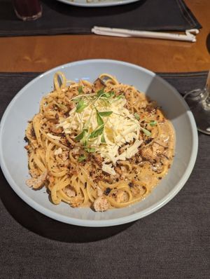 Vegan carbonara at Inari in Rio De Janeiro