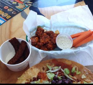 sides of tempeh bacon & vegan buffalo wings at nami Vegan Sweets in Phoenix