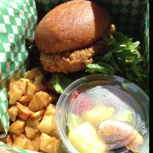 the Rodney Dangerfield brunch special: a Kentucky Fried vegan chicken-style filet between a glazed-donut bun (it's also supposed to come with bacon, cheese & tomatoes) at nami Vegan Sweets in Phoenix