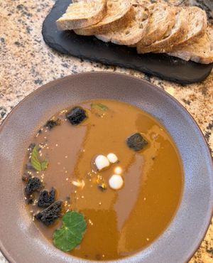 Mushroom soup labeled vegan   at Alma Tierra Restaurante in Tijuana