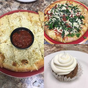 cheesy bread, margherita pizza, carrot cake cupcake  at Vertoris Pizza House in Bradenton