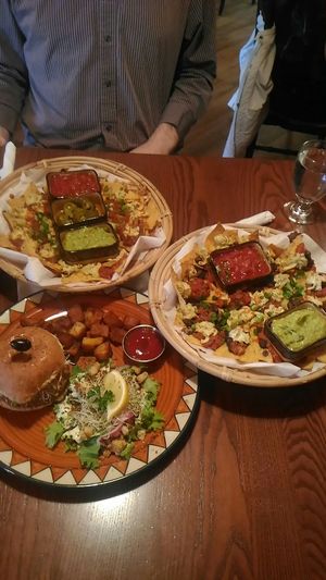 Big marc burger and two kinds of nachos at Calactus Cafe in Moncton