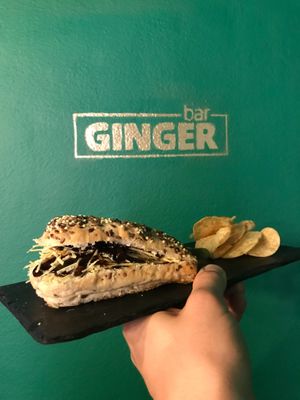 Vegan cheese and chutney sandwich at bar GINGER in Prague