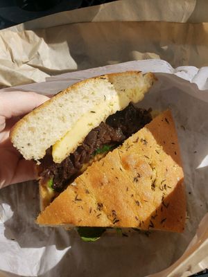 Just egg breakfast sandwich with caramelized onions at The Humble Peach in Amherst