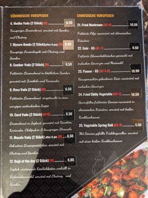 Menu - starters. at Saravanaa Bhavan in Cologne