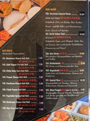 Menu - kati rolls and more. at Saravanaa Bhavan in Cologne