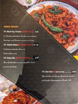 Menu - tongue ticklers. at Saravanaa Bhavan in Cologne