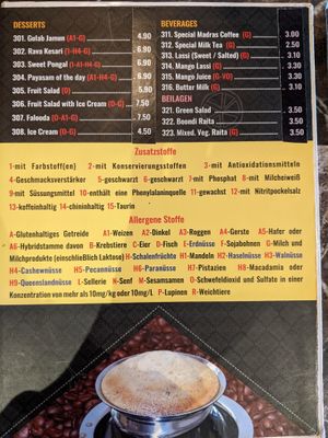 Menu - desserts and beverages. at Saravanaa Bhavan in Cologne