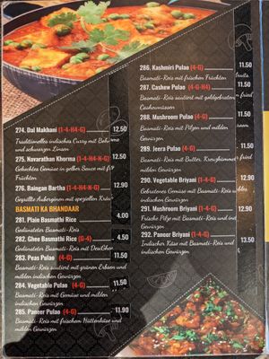 Menu - rice dishes. at Saravanaa Bhavan in Cologne