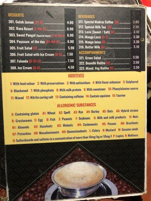 allergens list  at Saravanaa Bhavan in Cologne