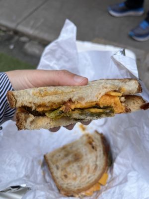 Sweet potato sandwich with vegan cheese and marinated kale  at Laughing V in New York City