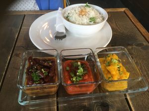 Vegan curries with rice at Cafe Bel-Air in Edmonton