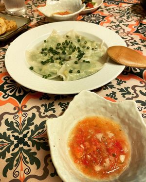 Dumplings with original Mexican chili source   at Kuwaddo 桑っど in Kisarazu