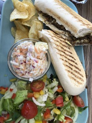 Vegan haggis and cheeze toastie with crisps, vegan coleslaw and salad  at No. 19 in Avoch