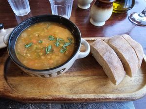 Minestone soup and crusty bread at Michelangelo Italian Restaurant in Ryde