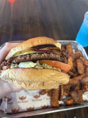 Vegan #2 with sweet fries and extra tomatoes   at Rez Burger  in Mckinney