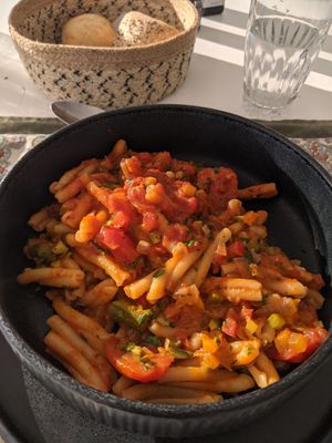 Spicy veggie casarecce pasta at Phos Restaurant in Mykonos