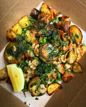 Champignon Du Roi Oyster - King oyster mushrooms on celeriac puree with green beans, confit shallots & garlic new potatoes. Served with a lemon & hazelnut butter & dill oil at The French Fox in Isle Of Arran