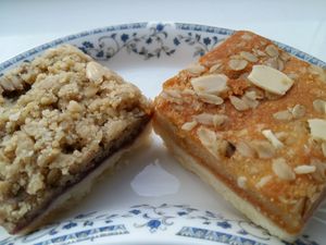 Takeout of vegan Blackcurrant Crumble and Apricot Almond Orange slices £2.80 each. at Severndroog Castle Tea Room in South East London