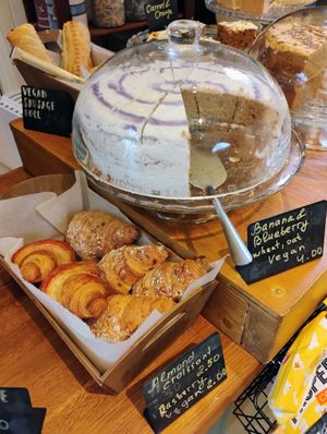 Came away with cake (£4), and a raspberry croissant (£2) today; they had vegan sausage roll (£2.50), and choc flapjack (£3.50), too :-) at Severndroog Castle Tea Room in South East London