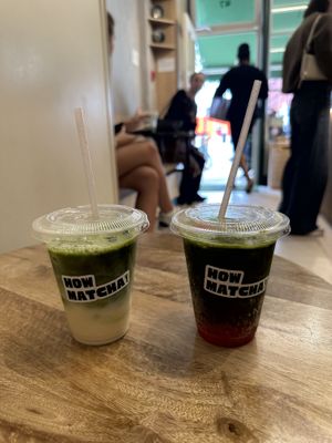 Matcha latte left and blood orange tonic matcha right   at How Matcha! in London