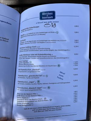 Menu with vegan Flammkuchen  at Wirtshaus am Bavariapark in Munich